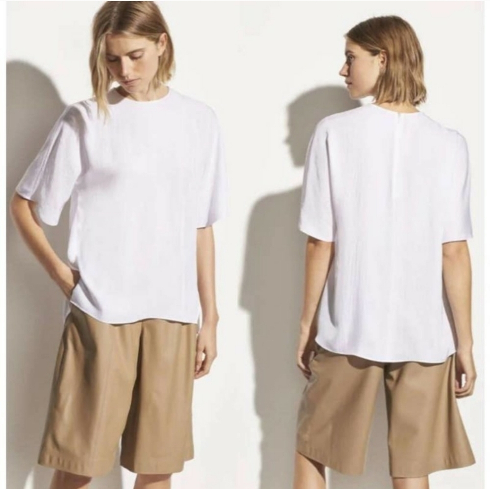 VINCE White Crinkled Drape Twill Relaxed-Fit Short Sleeve Top Size Small - Picture 2 of 8
